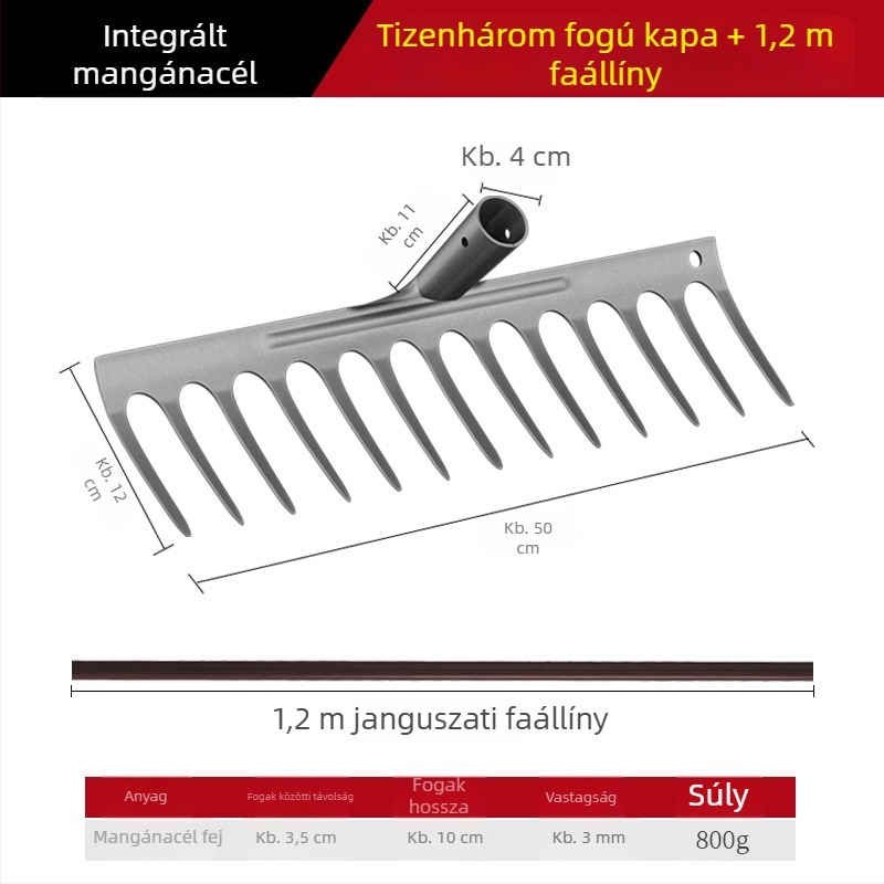 Mangán-vasból készült gyomírtó gereblye – többfunkciós kerti kapa gyomláláshoz és zöldségek ültetéséhez, öt fogú kialakítás, talajlazítás