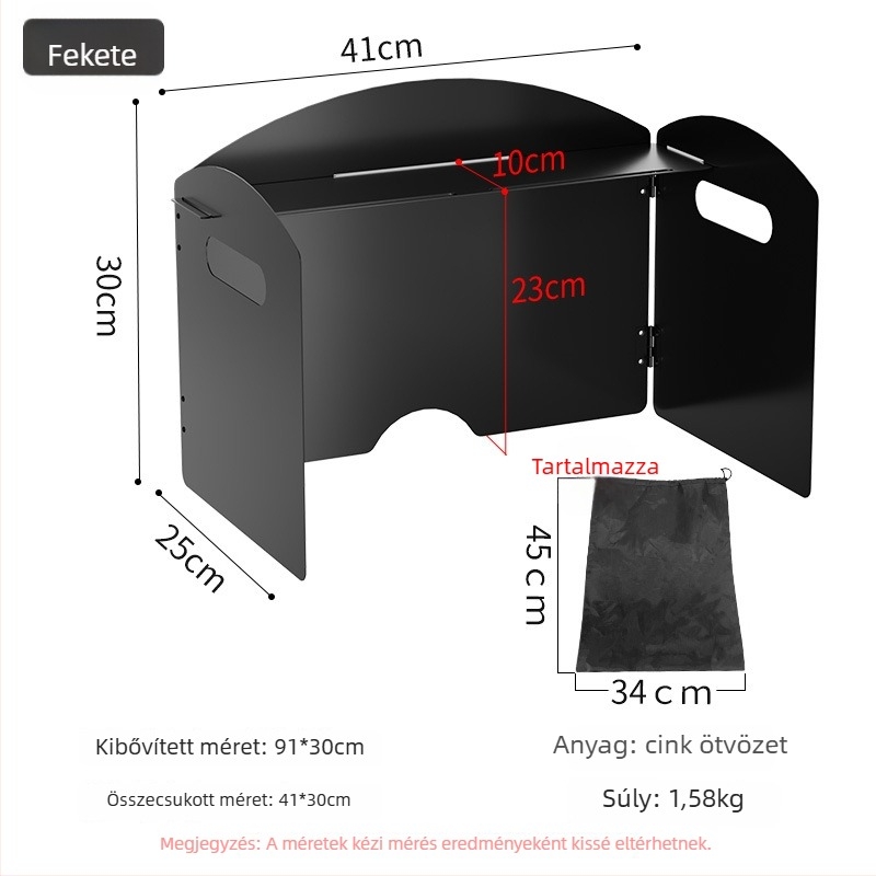 Kültéri főzőszélvédő - összecsukható kártya típusú szélvédő, cink-vas ötvözet, hordozható és szélálló