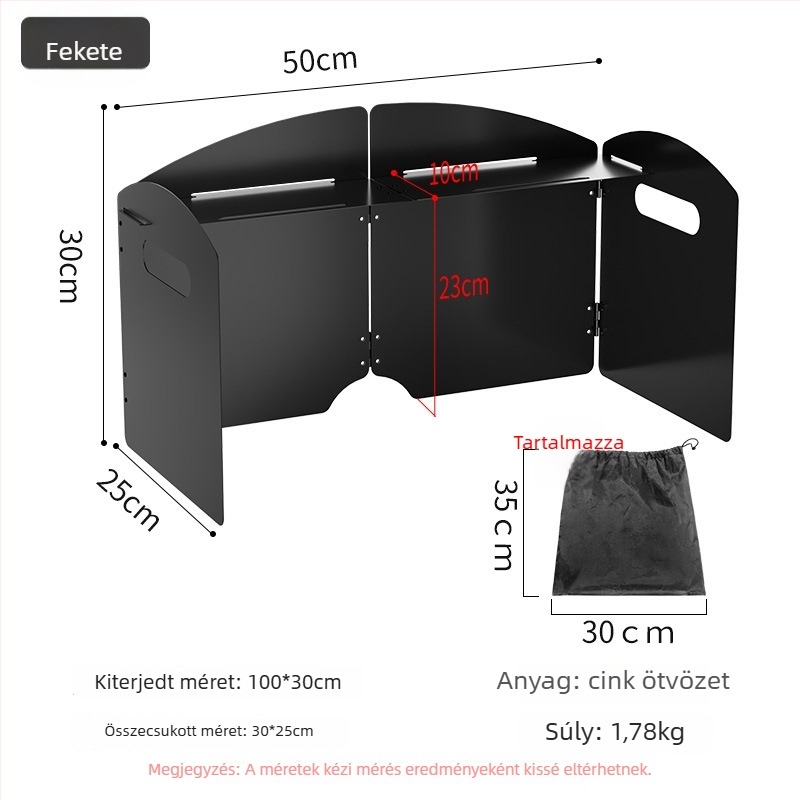 Kültéri főzőszélvédő - összecsukható kártya típusú szélvédő, cink-vas ötvözet, hordozható és szélálló