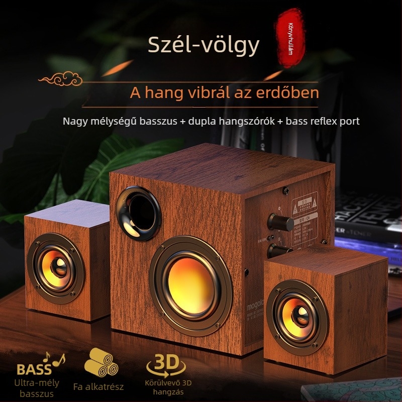 Fa burkolatú USB-s számítógépes hangrendszer 2.1-es subwooferrel – MP3 lejátszás, 3 hangszóró, 110V tápegység