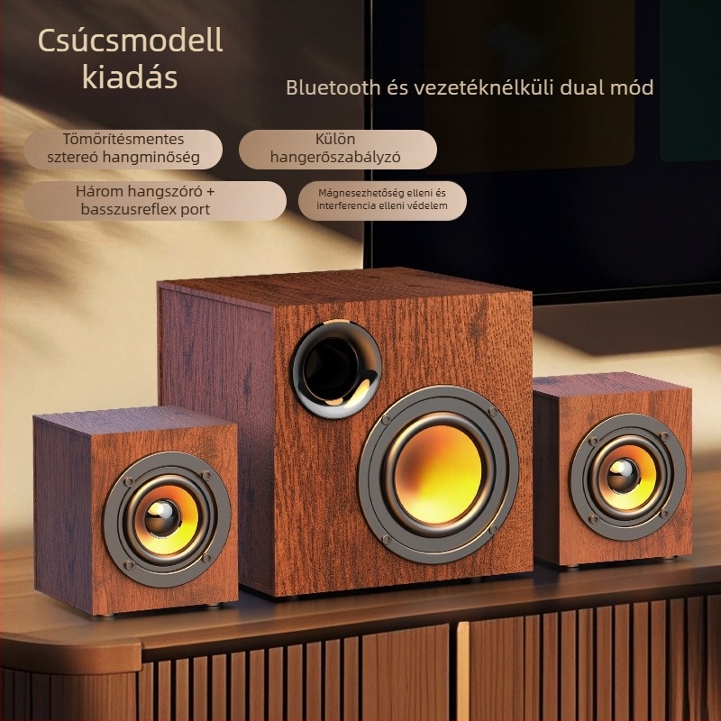 Fa burkolatú USB-s számítógépes hangrendszer 2.1-es subwooferrel – MP3 lejátszás, 3 hangszóró, 110V tápegység