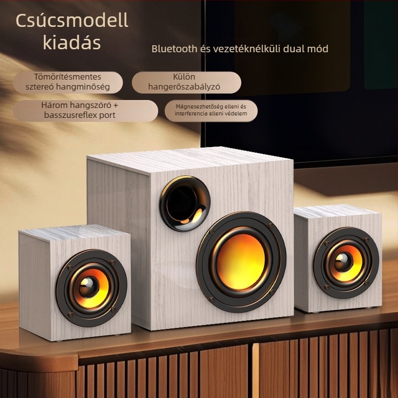 Fa burkolatú USB-s számítógépes hangrendszer 2.1-es subwooferrel – MP3 lejátszás, 3 hangszóró, 110V tápegység