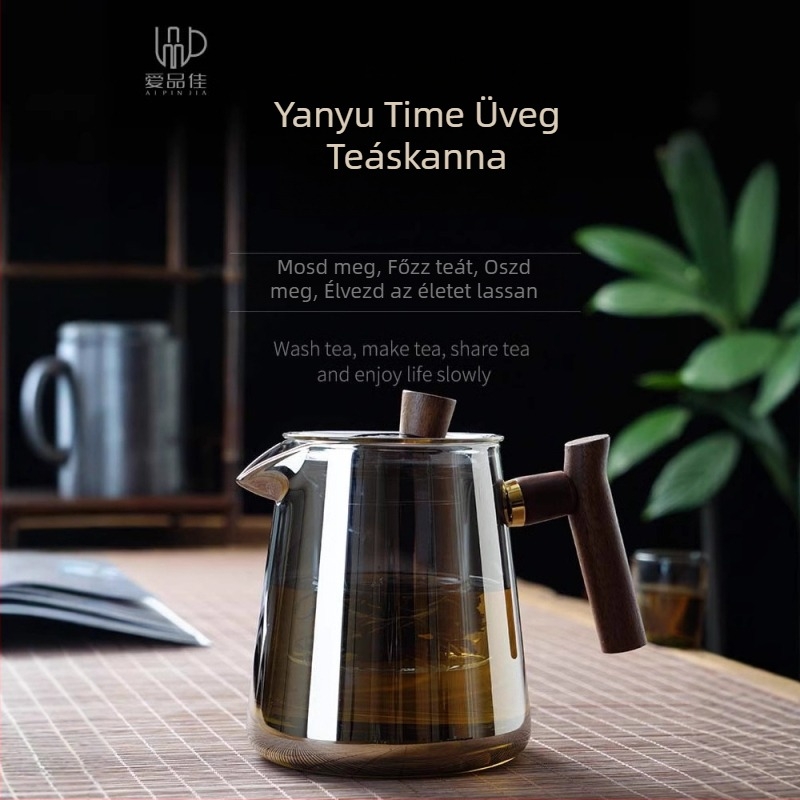 Borosilicate üvegből készült teáskészlet, hőálló, 3–5 fő részére, tartalmazza a tea ceremónia kellékeit és a teás tálcát