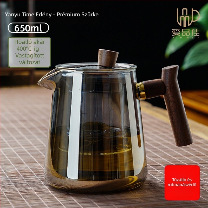 Borosilicate üvegből készült teáskészlet, hőálló, 3–5 fő részére, tartalmazza a tea ceremónia kellékeit és a teás tálcát