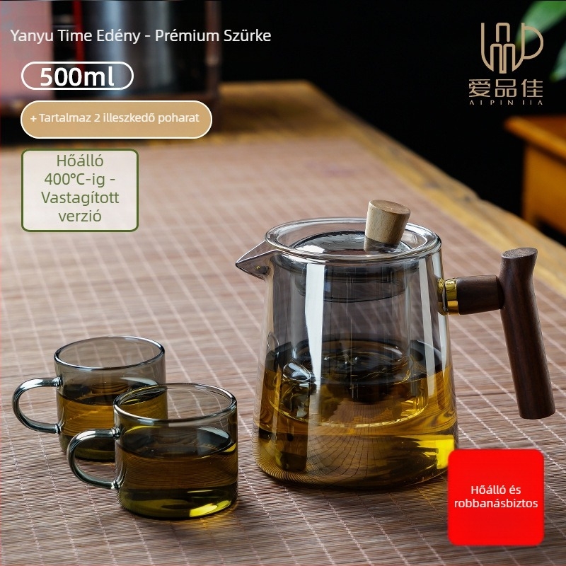 Borosilicate üvegből készült teáskészlet, hőálló, 3–5 fő részére, tartalmazza a tea ceremónia kellékeit és a teás tálcát