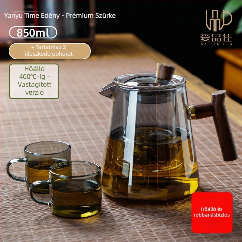 Borosilicate üvegből készült teáskészlet, hőálló, 3–5 fő részére, tartalmazza a tea ceremónia kellékeit és a teás tálcát