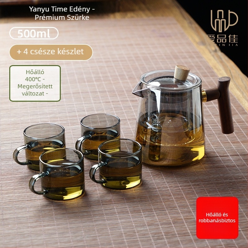 Borosilicate üvegből készült teáskészlet, hőálló, 3–5 fő részére, tartalmazza a tea ceremónia kellékeit és a teás tálcát