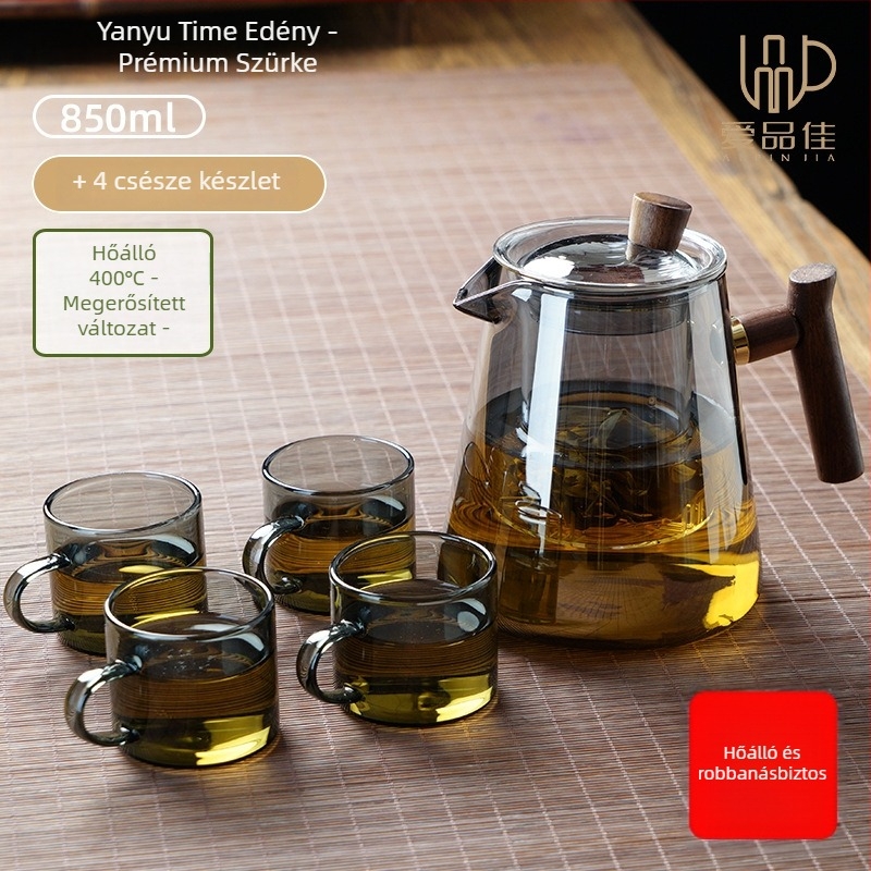 Borosilicate üvegből készült teáskészlet, hőálló, 3–5 fő részére, tartalmazza a tea ceremónia kellékeit és a teás tálcát