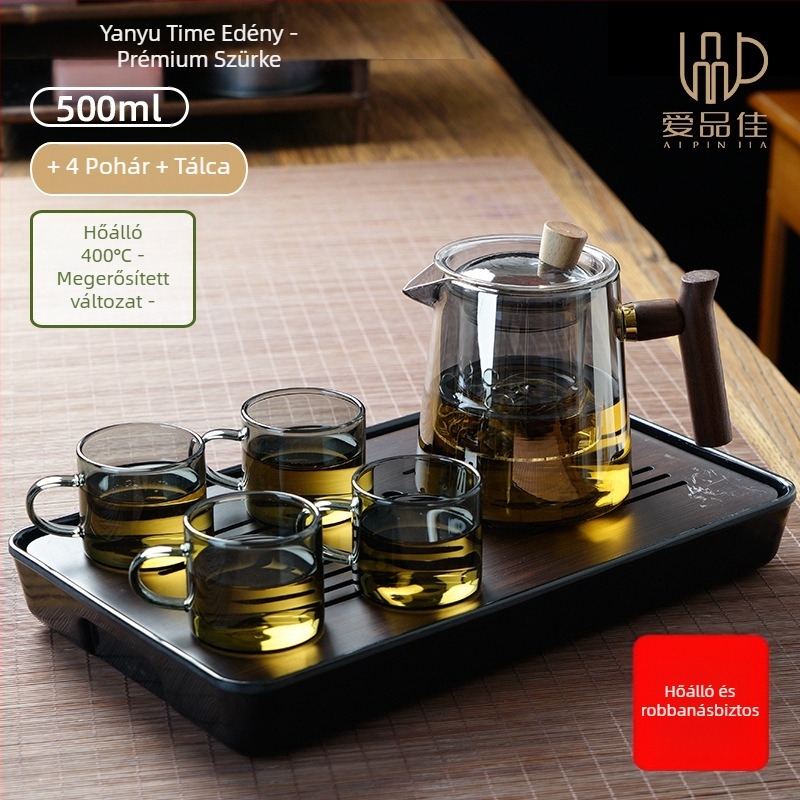Borosilicate üvegből készült teáskészlet, hőálló, 3–5 fő részére, tartalmazza a tea ceremónia kellékeit és a teás tálcát