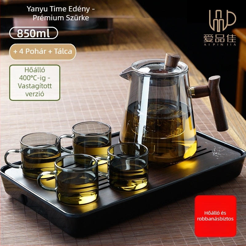 Borosilicate üvegből készült teáskészlet, hőálló, 3–5 fő részére, tartalmazza a tea ceremónia kellékeit és a teás tálcát