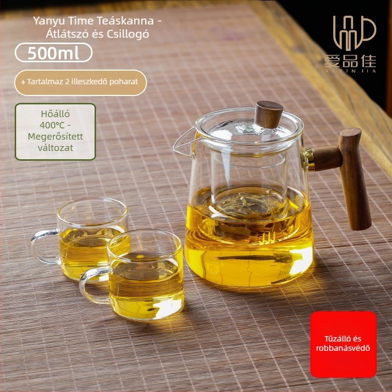 Borosilicate üvegből készült teáskészlet, hőálló, 3–5 fő részére, tartalmazza a tea ceremónia kellékeit és a teás tálcát