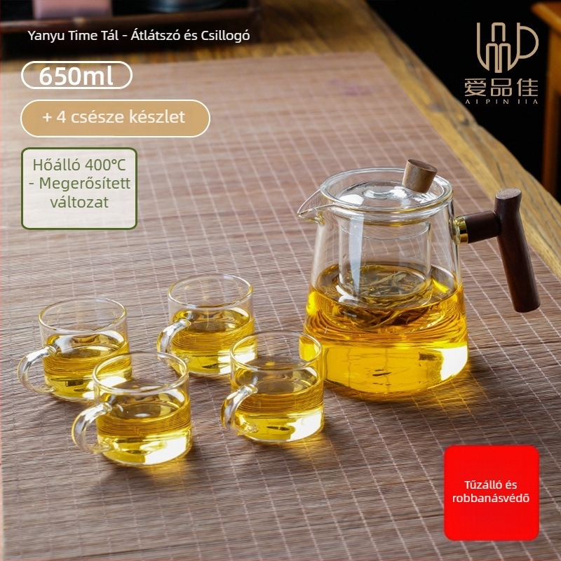 Borosilicate üvegből készült teáskészlet, hőálló, 3–5 fő részére, tartalmazza a tea ceremónia kellékeit és a teás tálcát