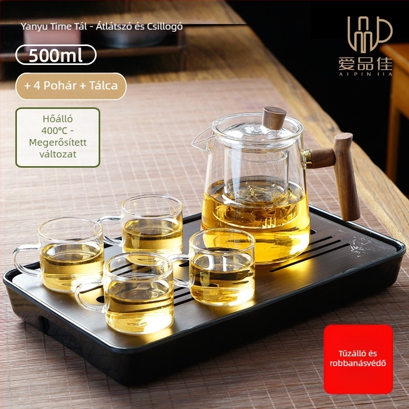 Borosilicate üvegből készült teáskészlet, hőálló, 3–5 fő részére, tartalmazza a tea ceremónia kellékeit és a teás tálcát