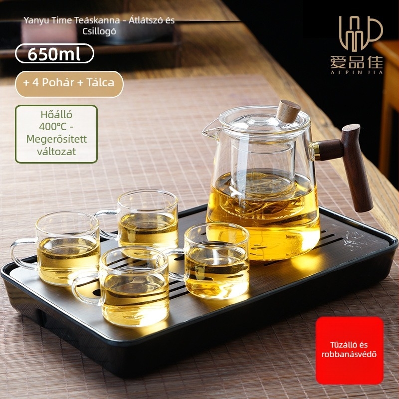 Borosilicate üvegből készült teáskészlet, hőálló, 3–5 fő részére, tartalmazza a tea ceremónia kellékeit és a teás tálcát