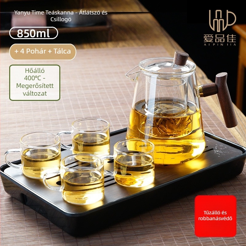 Borosilicate üvegből készült teáskészlet, hőálló, 3–5 fő részére, tartalmazza a tea ceremónia kellékeit és a teás tálcát