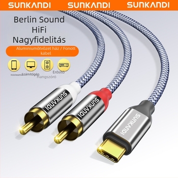 Sunkandi AV163 Type-C–ről 2RCA audio kábel, aranyozott csatlakozók, oxigénmentes réz mag, szövött vezető, CE/ROHS tanúsítvány
