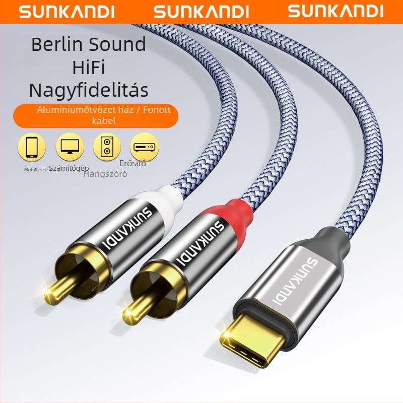 Sunkandi AV163 Type-C–ről 2RCA audio kábel, aranyozott csatlakozók, oxigénmentes réz mag, szövött vezető, CE/ROHS tanúsítvány