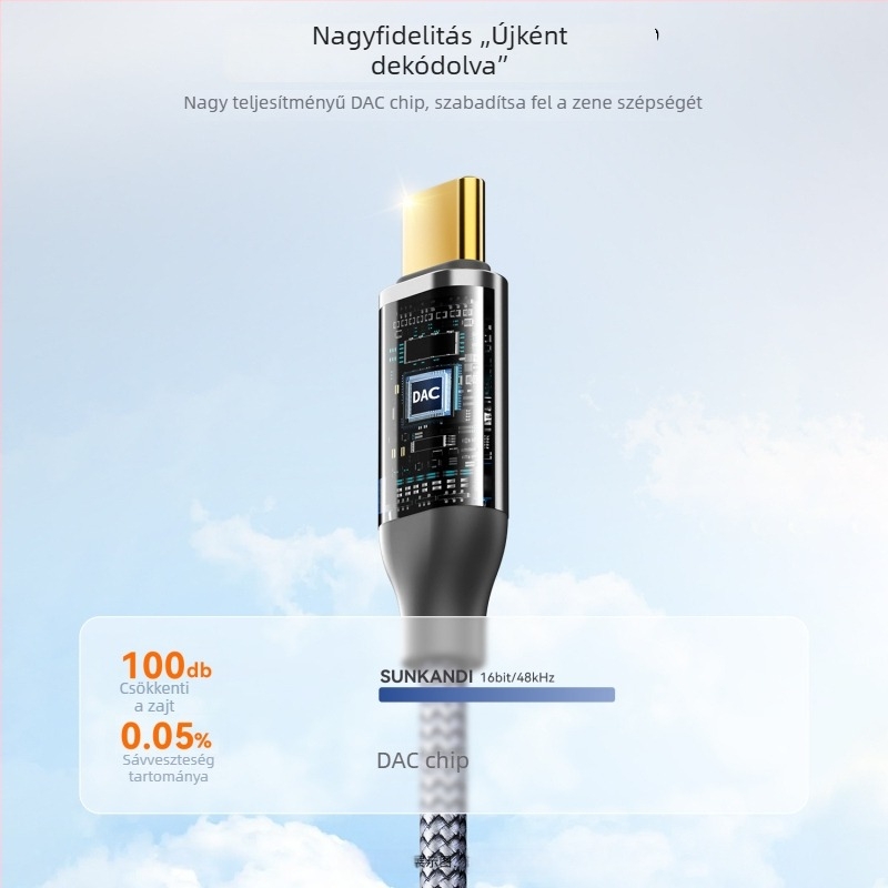 Sunkandi AV163 Type-C–ről 2RCA audio kábel, aranyozott csatlakozók, oxigénmentes réz mag, szövött vezető, CE/ROHS tanúsítvány