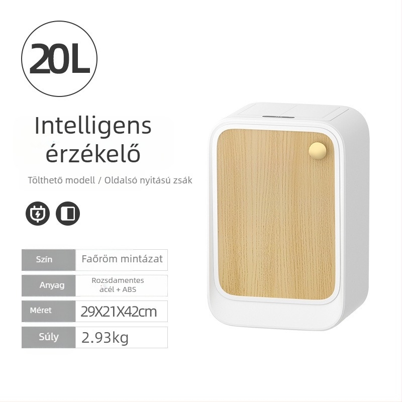 Intelligens szenzoros szemetes fedéllel és oldalsó nyitással, négyszögletes kapacitás 18–25 L, fa- és bőrtextúrás felület, nappaliba, hálószobába és a konyhába