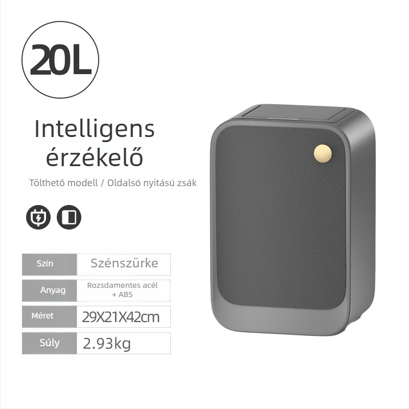 Intelligens szenzoros szemetes fedéllel és oldalsó nyitással, négyszögletes kapacitás 18–25 L, fa- és bőrtextúrás felület, nappaliba, hálószobába és a konyhába