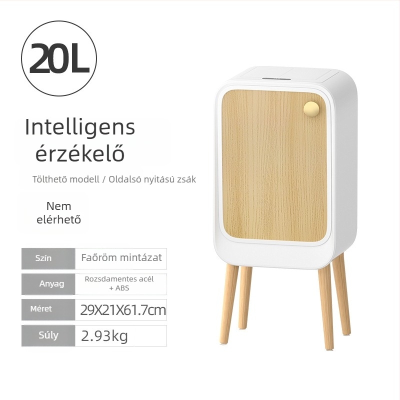 Intelligens szenzoros szemetes fedéllel és oldalsó nyitással, négyszögletes kapacitás 18–25 L, fa- és bőrtextúrás felület, nappaliba, hálószobába és a konyhába