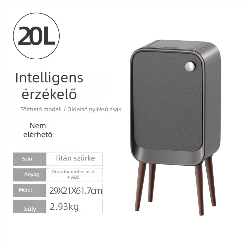 Intelligens szenzoros szemetes fedéllel és oldalsó nyitással, négyszögletes kapacitás 18–25 L, fa- és bőrtextúrás felület, nappaliba, hálószobába és a konyhába