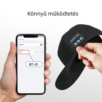 Bluetoothos napsapka sztereó hangszóróval, fejre helyezhető, Bluetooth 5.4, 20 m hatótáv, üzemidő 4–8 óra
