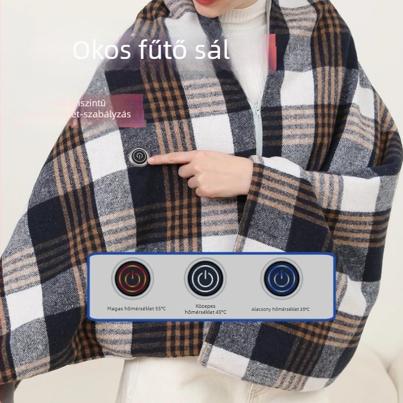 Elektromos melegítő sál-pled, USB-tápellátás, 3 fokozatú fűtés, 10W, poliészter, rács mintázat