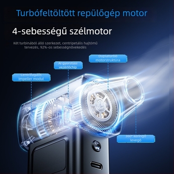 Kézi turbó ventilátor, 4 sebesség, brushless motor, beépített akkumulátor 2000–4000 mAh, zaj 36–45 dB