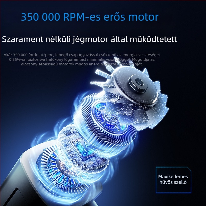 Kézi turbó ventilátor, 4 sebesség, brushless motor, beépített akkumulátor 2000–4000 mAh, zaj 36–45 dB