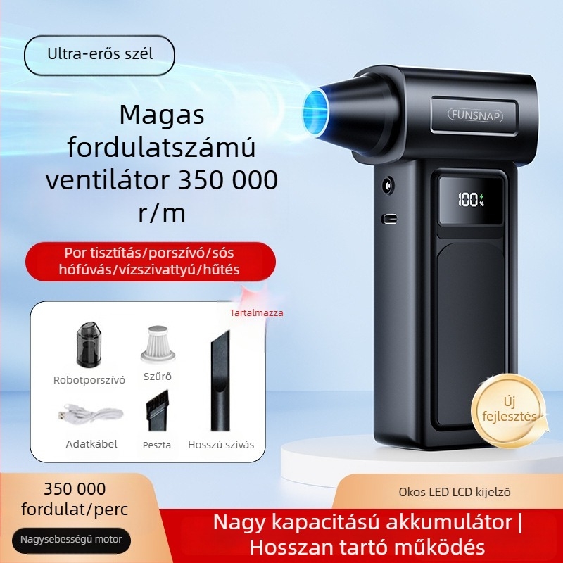 Kézi turbó ventilátor, 4 sebesség, brushless motor, beépített akkumulátor 2000–4000 mAh, zaj 36–45 dB