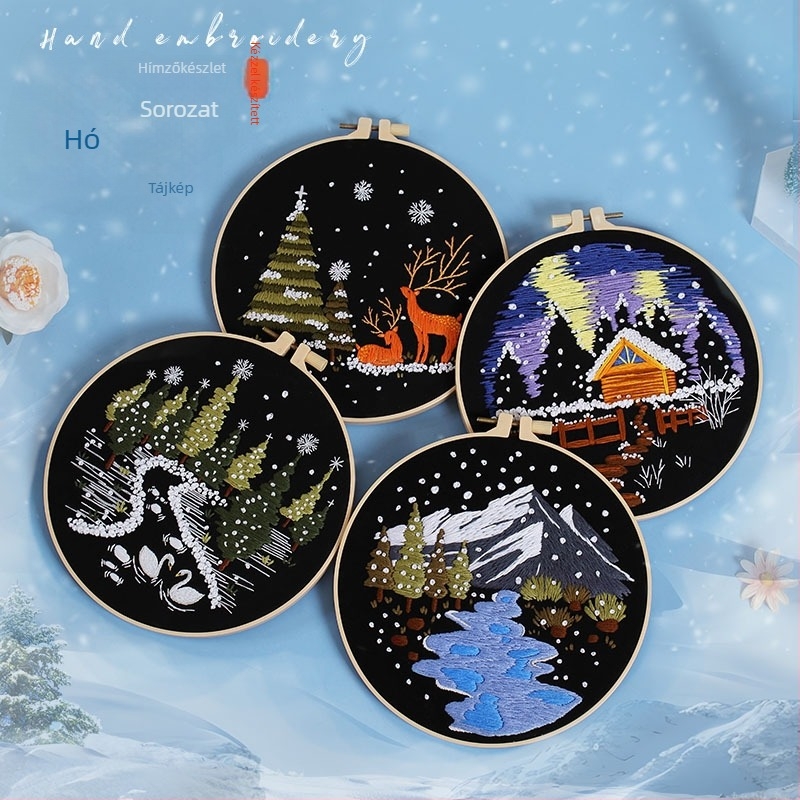 Nordic stílusú keresztszemes hímzőkészlet pamutanyagból – táj havas hegységgel és erdővel