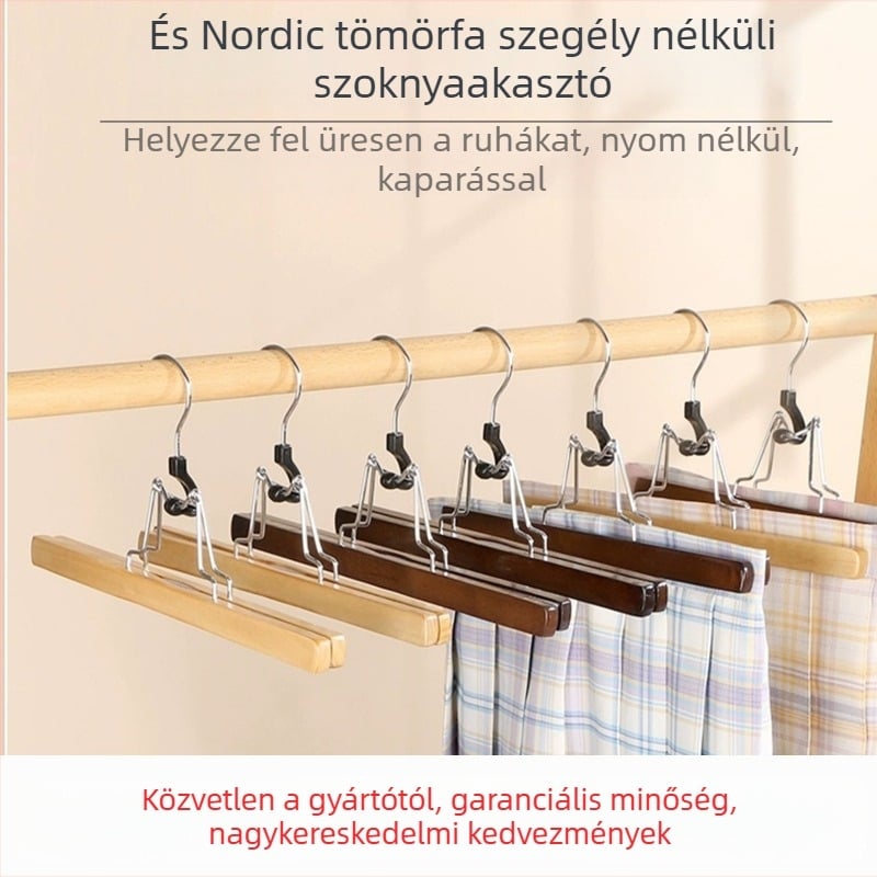 Fából készült szoknya- és nadrágklipsz tartó, csúszásmentes, gyűrődésgátló, testreszabható