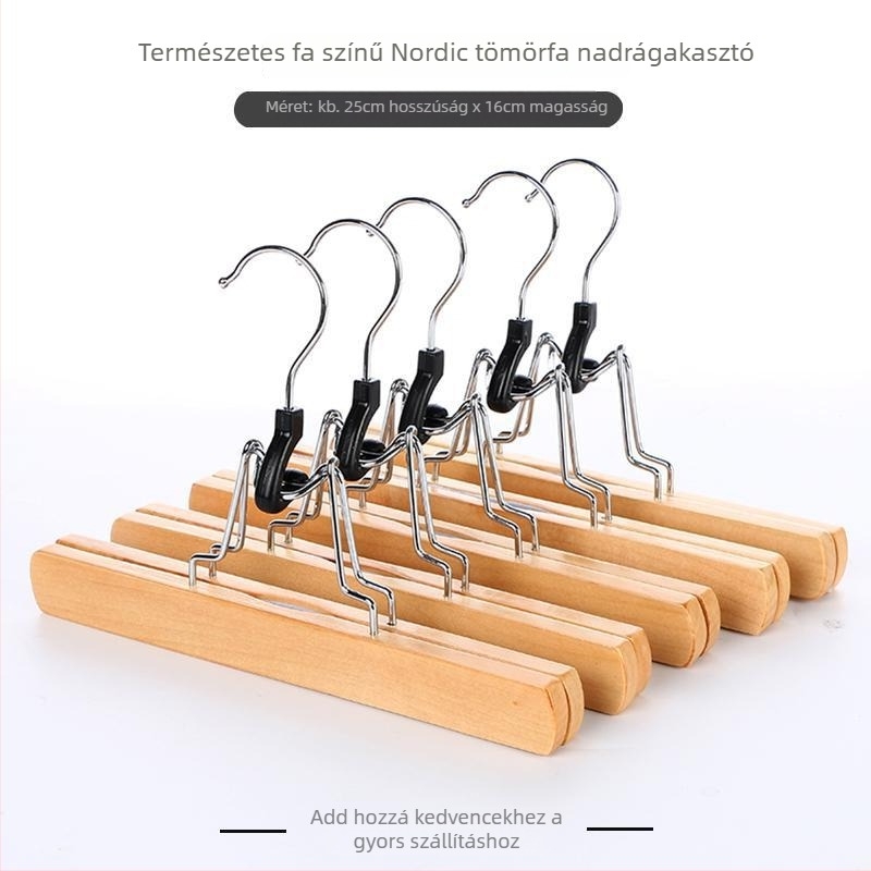 Fából készült szoknya- és nadrágklipsz tartó, csúszásmentes, gyűrődésgátló, testreszabható