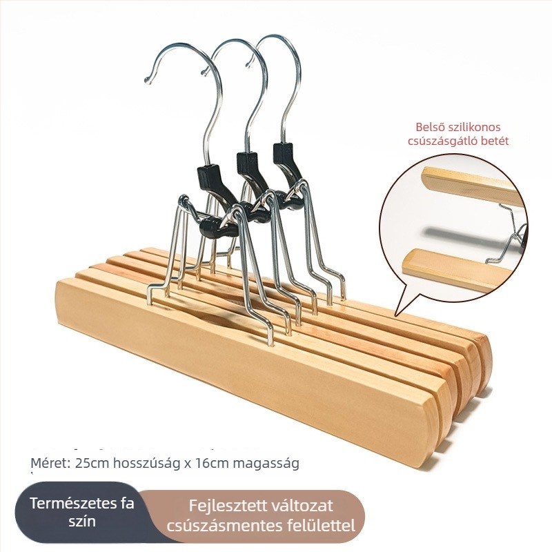 Fából készült szoknya- és nadrágklipsz tartó, csúszásmentes, gyűrődésgátló, testreszabható