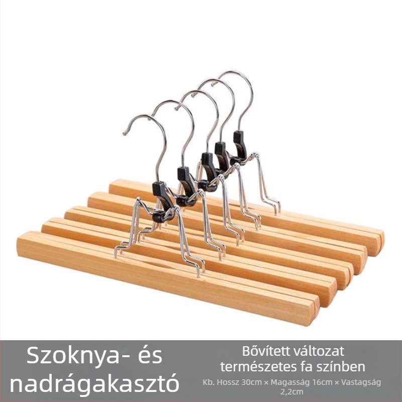 Fából készült szoknya- és nadrágklipsz tartó, csúszásmentes, gyűrődésgátló, testreszabható