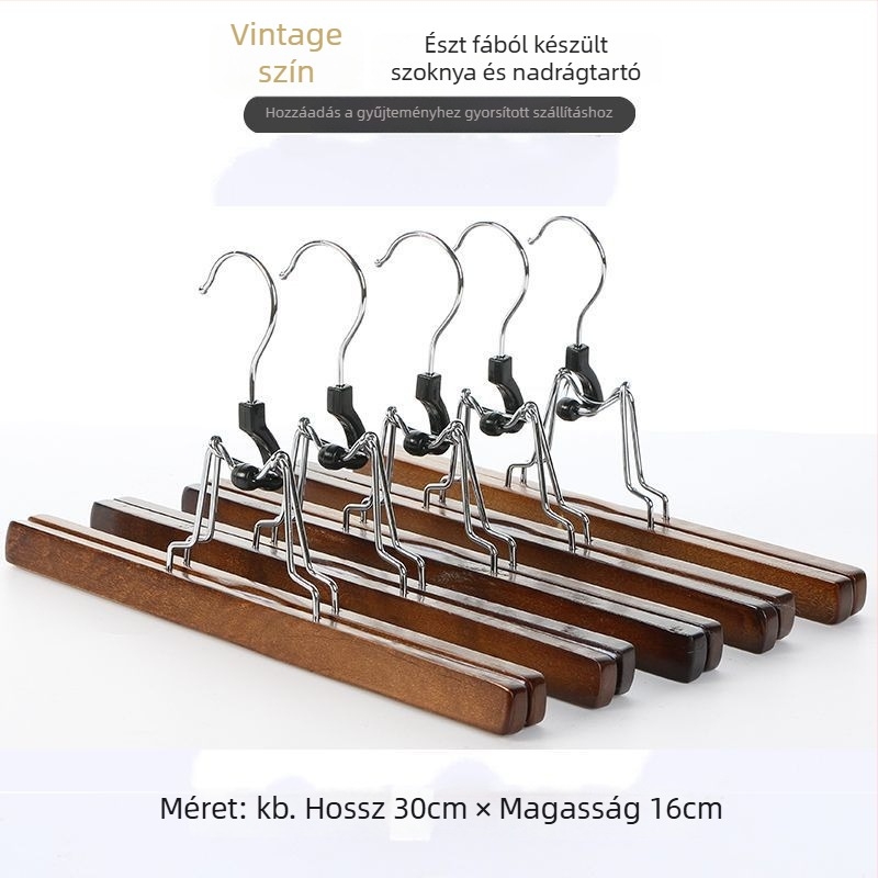 Fából készült szoknya- és nadrágklipsz tartó, csúszásmentes, gyűrődésgátló, testreszabható