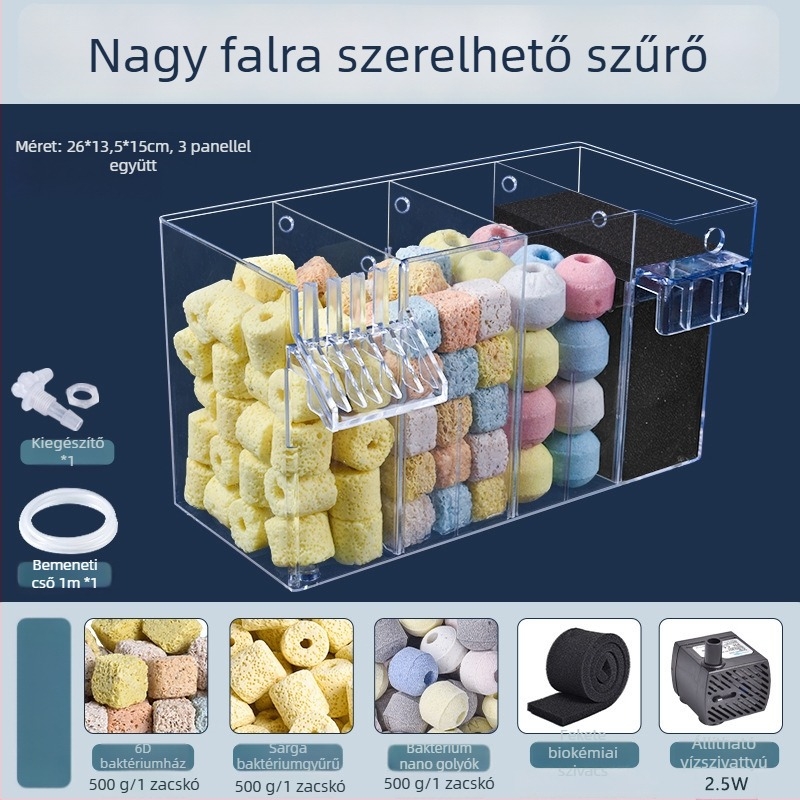 Fali akvárium szűrő, három az egyben szűrőrendszer, oxigenálás és hasznos baktériumok támogatása, csendes működés, súly 1 kg