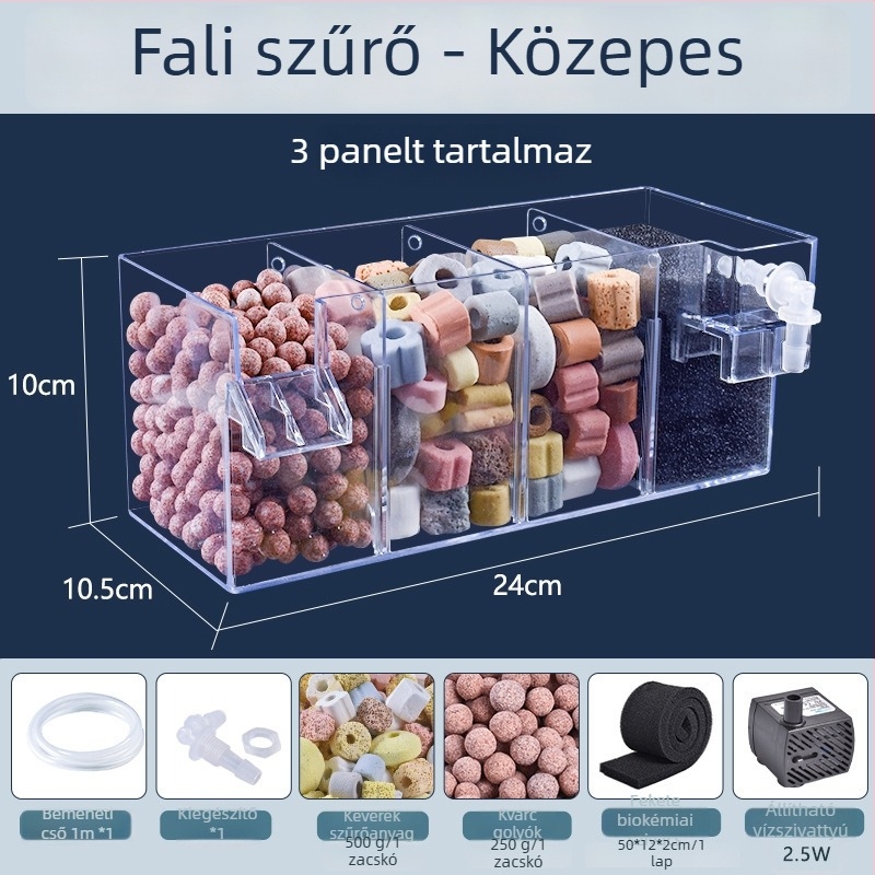 Fali akvárium szűrő, három az egyben szűrőrendszer, oxigenálás és hasznos baktériumok támogatása, csendes működés, súly 1 kg