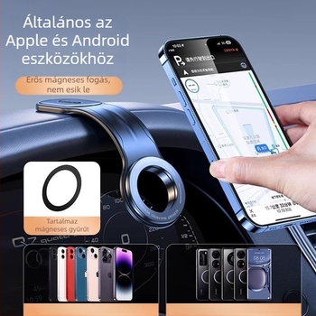 Autós műszerfalra szerelhető telefontartó forgatható kijelzővel, mágneses rögzítés, összecsukható és hajlékony, univerzális kompatibilitás