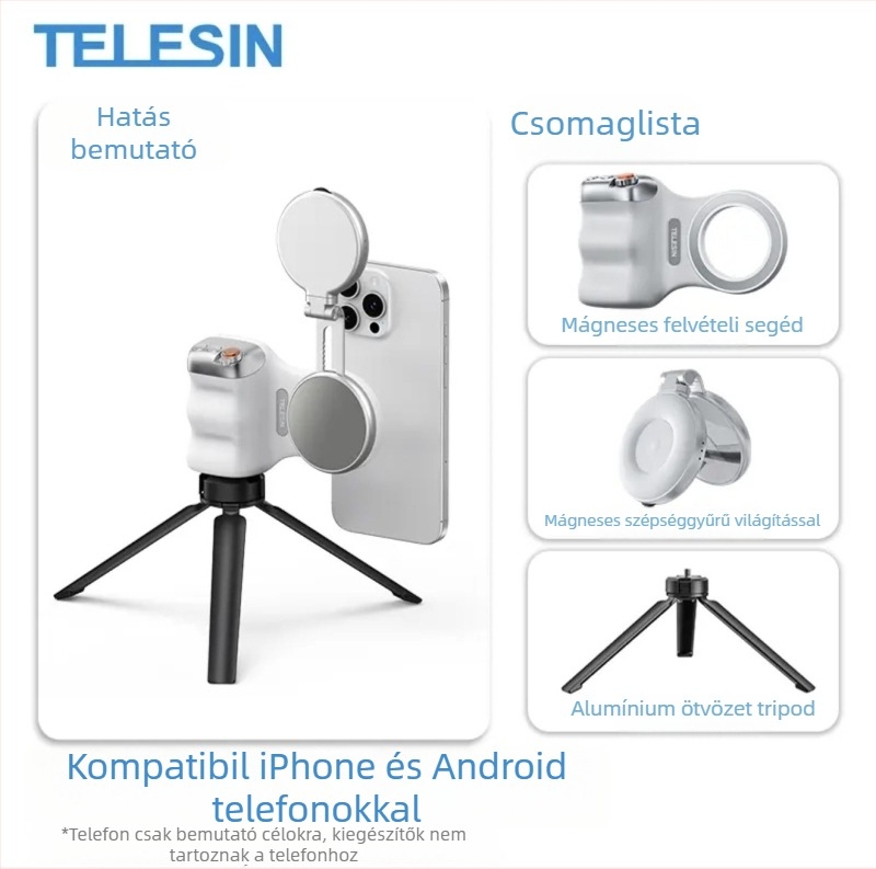 MagSafe fotózási fogantyú okostelefonhoz – mágneses rögzítés, vezeték nélküli Bluetooth-vezérlés, képstabilizáció, ABS burkolat, kompatibil Apple és Android