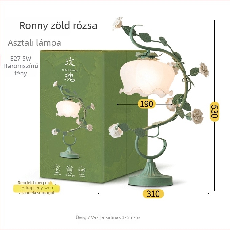 Üveg asztali lámpa pasztorális stílusban, modell TW-MT19, fém tartó, 220V