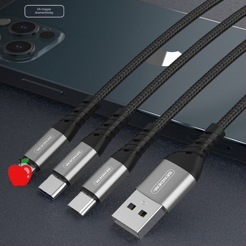 3-az-1-ben szőtt gyors töltésű adatkábel Lightning/Micro USB/Type-C, max. 5A
