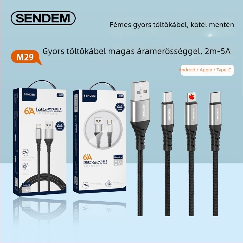 3-az-1-ben szőtt gyors töltésű adatkábel Lightning/Micro USB/Type-C, max. 5A
