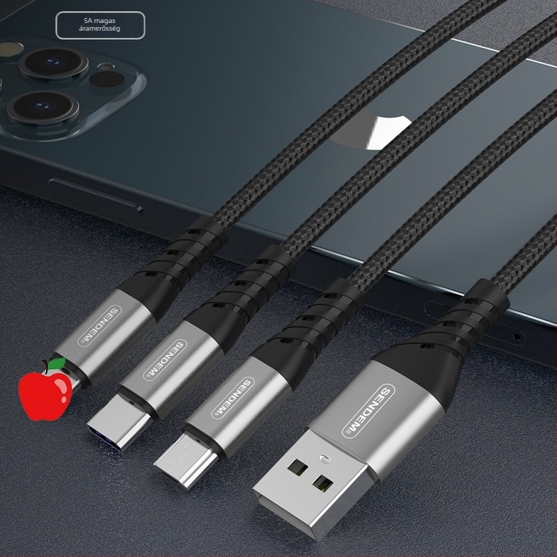 3-az-1-ben szőtt gyors töltésű adatkábel Lightning/Micro USB/Type-C, max. 5A