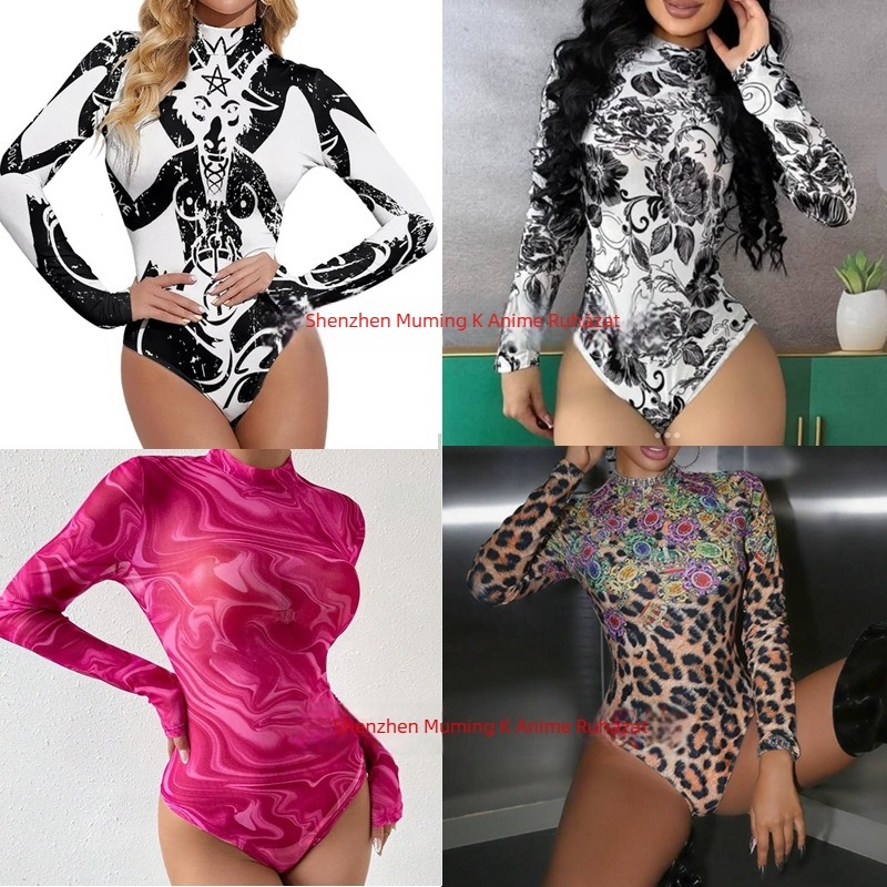 Női egyrészes fürdőruha hosszú ujjúval, 3D digitális nyomtatásos minta, Milk Silk anyag 30% elasztánnal