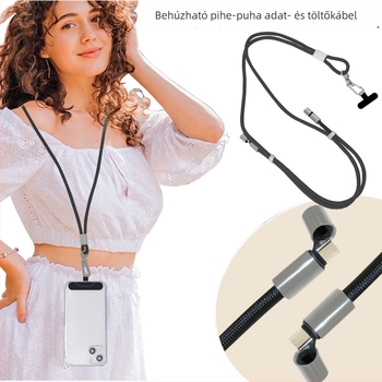 Szövött teleszkópos töltőkábel nyakpánttal — USB-C / Lightning / Egyéb interfészek, 60W PD gyors töltés, Duál kimenet