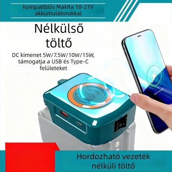 Vezeték nélküli telefontöltő USB Type-C-vel; kompatibil Makita, DeWalt, Milwaukee és Bosch lítium akkumulátorokkal; bemeneti feszültség 15.5-24V; töltő típus: egyéb töltők