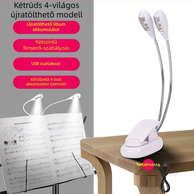 Tölthető USB-s LED zenei állványlámpa, csiptetős, állítható, zongora gyakorlásához