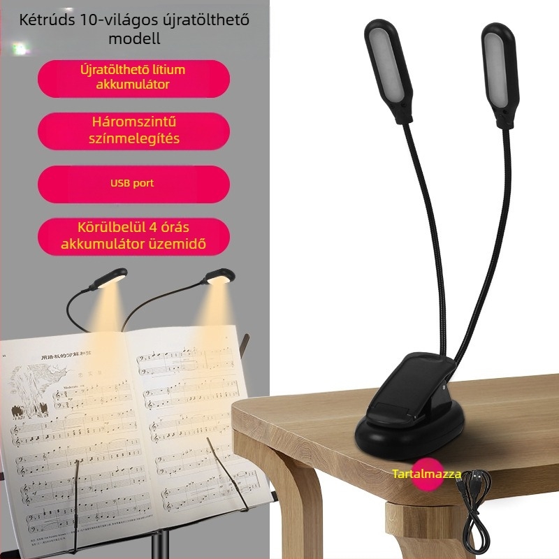 Tölthető USB-s LED zenei állványlámpa, csiptetős, állítható, zongora gyakorlásához